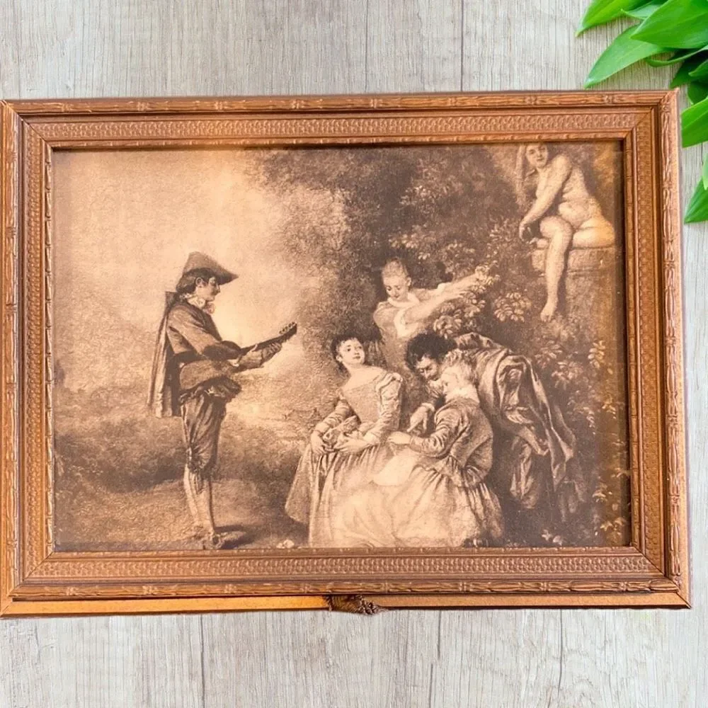 ANTIQUE VICTORIAN SCENE JEWELRY VANITY BOX GLASS TOP MIRRORED LID 1920’s